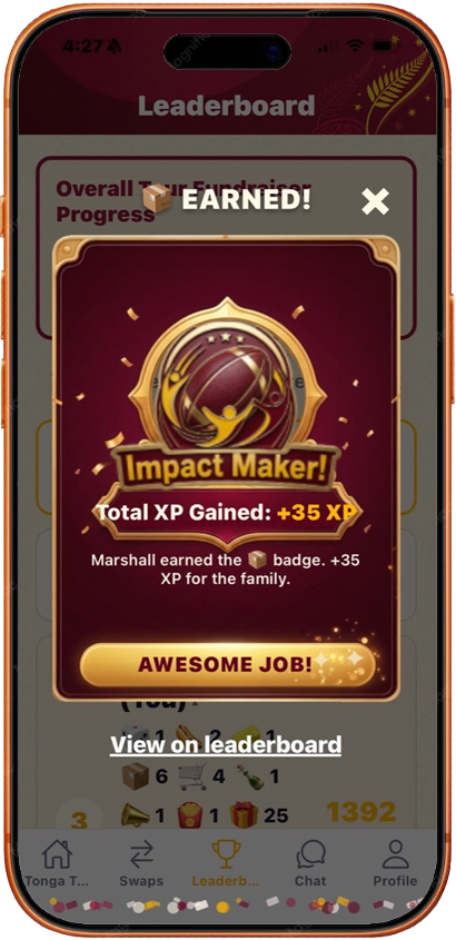 Badge earned celebration — Impact Maker, +35 XP for the family