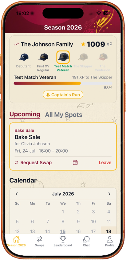 SidelineCrew parent app — home screen with upcoming spots, season goal and family leaderboard
