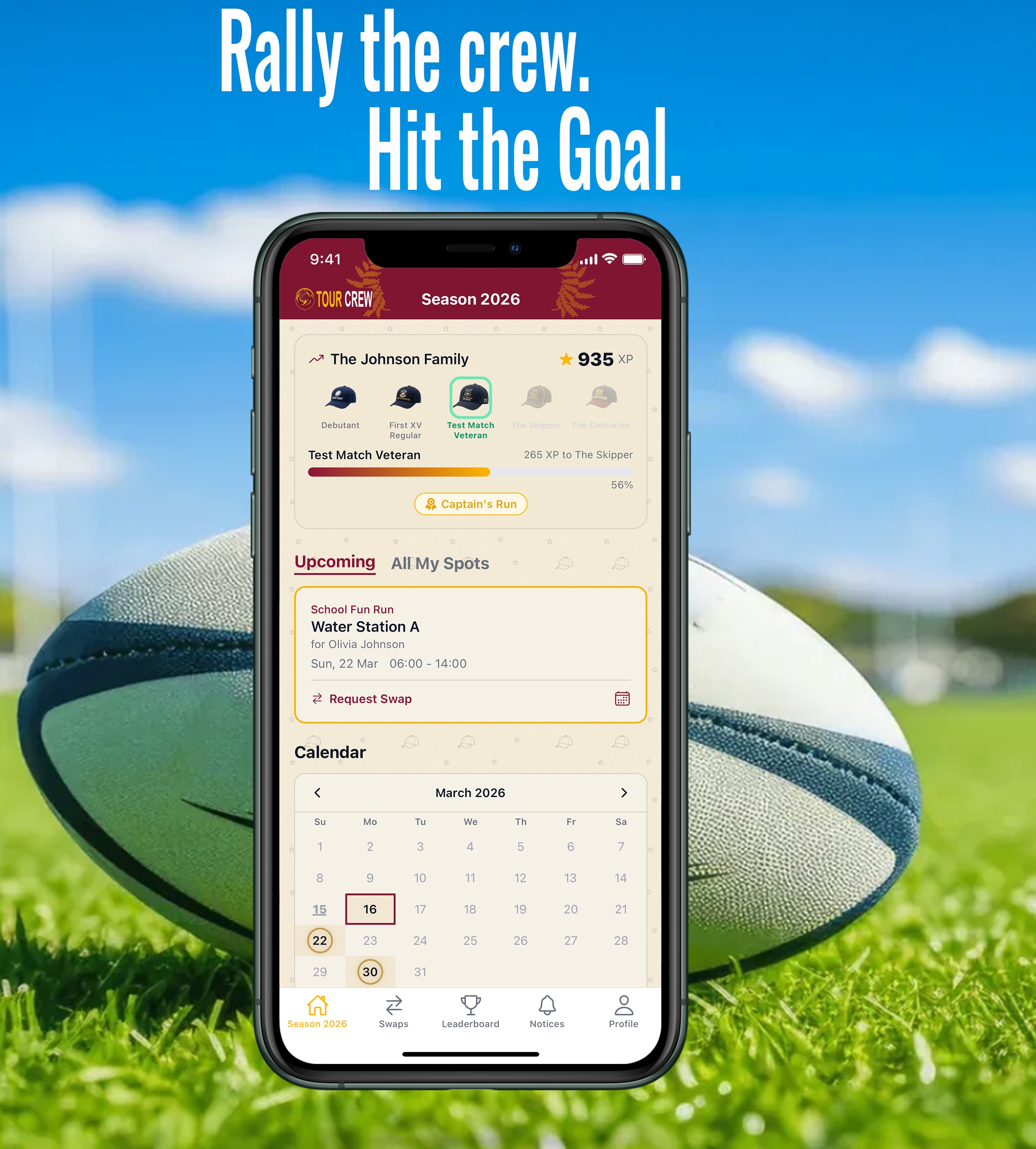 TourCrew App — Dashboard showing upcoming events, XP progress, and volunteer calendar