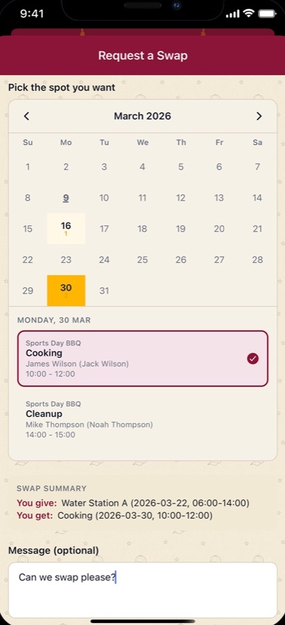 Request a swap — picking the spot you want from the calendar