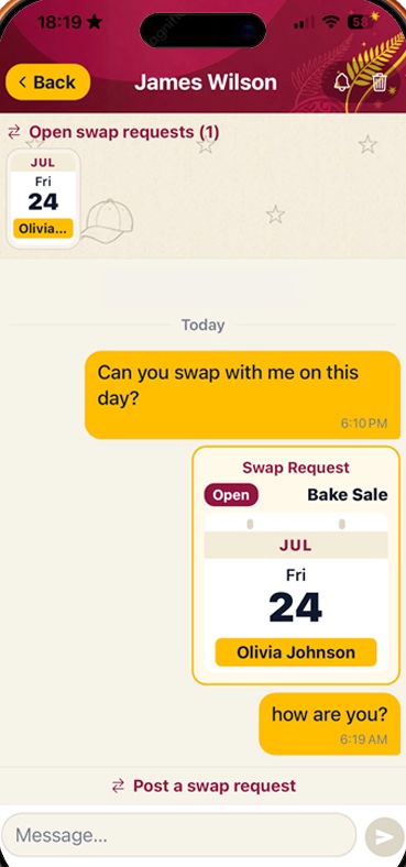 Chat thread with an open swap request card