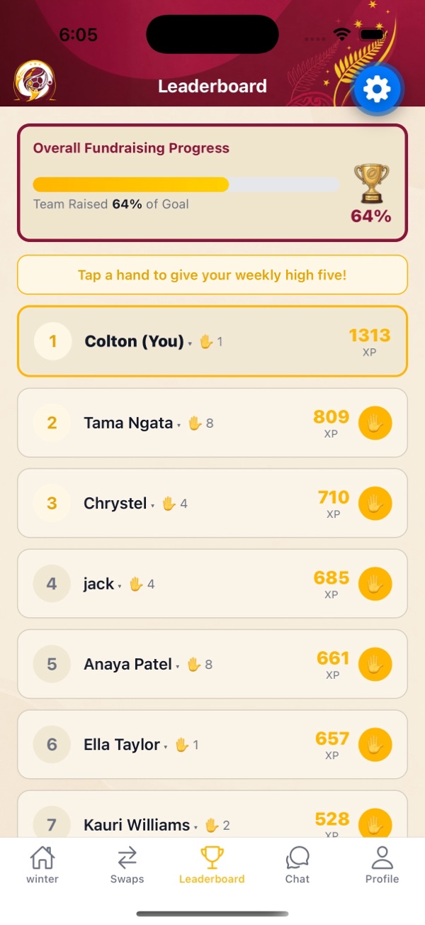 Family leaderboard with season fundraising progress, XP totals and weekly high fives