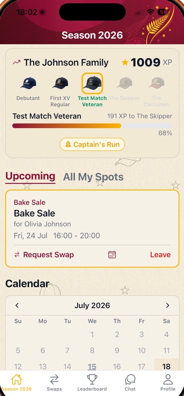 SidelineCrew app home screen — family XP, upcoming spots and the season calendar