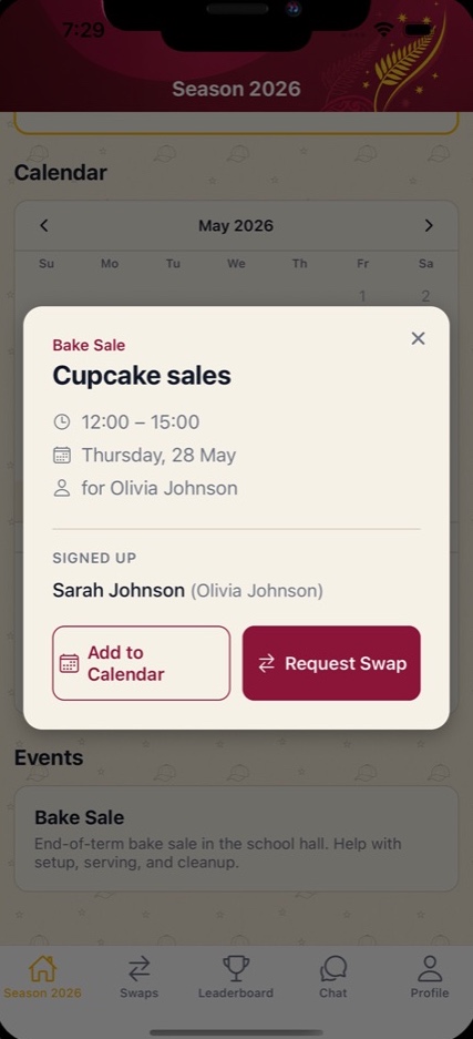 Spot details with sign-up, add to calendar and request swap