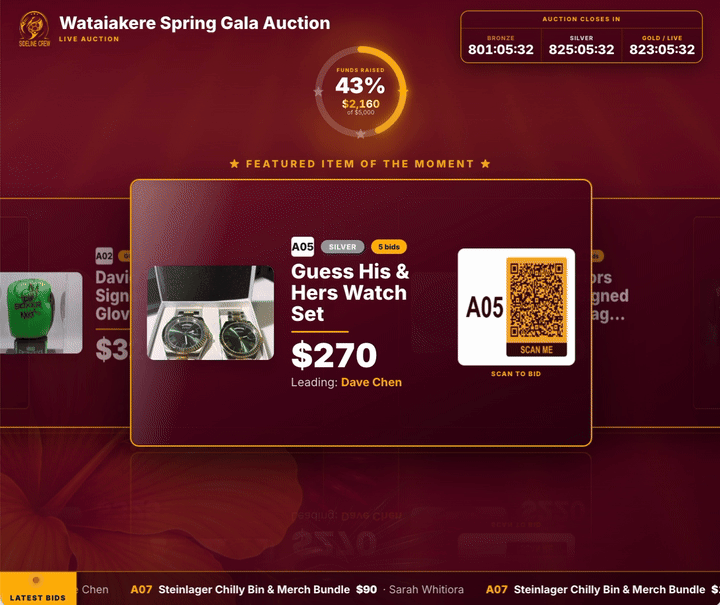 Animated recording of the live auction wall — featured item, funds-raised tracker, wave countdowns and a scrolling ticker of the latest bids